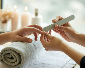Close-up of a manicure in progress, with light-skinned hands, one filing the other's nails. Soft lighting, spa setting, calm mood in beauty parlor.