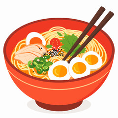 Pixel Art Illustration of Traditional Japanese Ramen in Red Bowl with Eggs Pork and Green Onions with Chopsticks