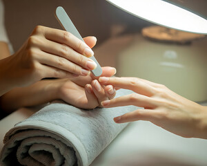 Close-up of a manicure in progress, with light-skinned hands, one filing the other's nails. Soft lighting, spa setting, calm mood in beauty parlor.
