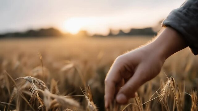 Farmer checking golden wheat field, inspecting crop maturity during sunset light