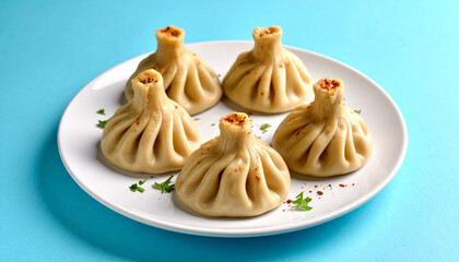 Spicy khinkali dumplings arranged on white plate with scattered herbs and chili flakes, showcasing traditional Georgian cuisine with warm and inviting aroma