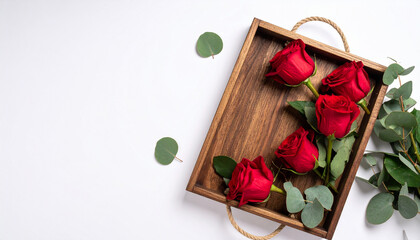 Red rose eucalyptus wooden tray flatlay romantic floral arrangement with green leaves on white background for Valentine or love celebration