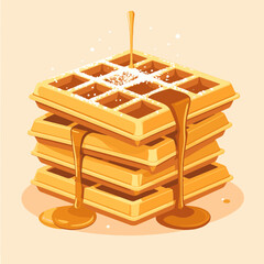 Pixel Art of Stacked Waffles with Syrup and Powdered Sugar in Beige Background Detailed Illustration
