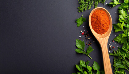 Red spice powder in wooden spoon surrounded by fresh green herbs and peppercorns on dark background, creating vibrant and appetizing culinary scene