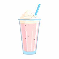 Pixel Art Pink Strawberry Milkshake Topped with Whipped Cream and Blue Straw Isolated on White