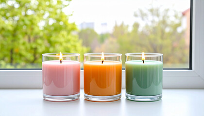 Three colorful candles in glass containers burning on clean white window sill with blurred green outdoor background creating calm and peaceful atmosphere