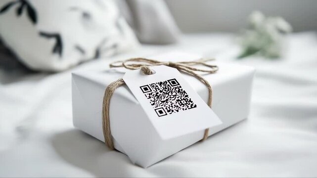 Minimalist white gift box with sleek qr code tag, soft string lying on crisp fabric, embodying refined packaging elegance