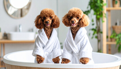 Two brown toy poodles wearing white bathrobes standing in modern bathroom bathtub, looking happy and cozy with soft natural light and green plants in background