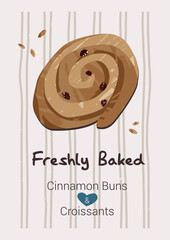 Bakery Poster with Cinnamon Bun Modern Vintage Style A3 Vertical Format Vector