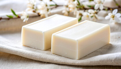 Two creamy white handmade soap bars placed on organic cotton fabric with delicate white flowers in background, evoking clean and natural feeling