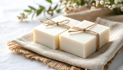 Two creamy white handmade soap bars tied with natural twine on organic cotton fabric with soft floral background for clean and fresh feeling