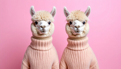 Two fluffy alpacas wearing pastel pink knitted sweater standing side by side on pink background with symmetrical composition and clean space, cute and cozy winter style