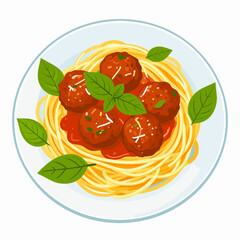 Pixel Art Spaghetti with Meatballs Topped with Basil Leaves and Rich Tomato Sauce on White Plate for Dinner Meal