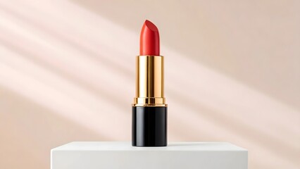 Elegant red lipstick in luxurious gold and black casing on a pedestal