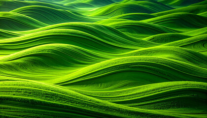 Lush green wave pattern with smooth flowing lines creating vibrant and calming natural texture resembling rolling hills or fabric folds in bright light