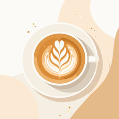 Aerial View of Latte Art in White Cup on Cream Background with Abstract Shapes Minimalist Coffee Drink for Cafe Menu Art Beverage