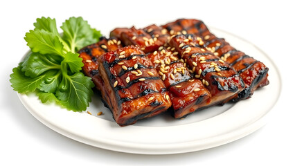 Appetizing grilled meat glazed with savory sauce and sesame seeds, served on a white plate.