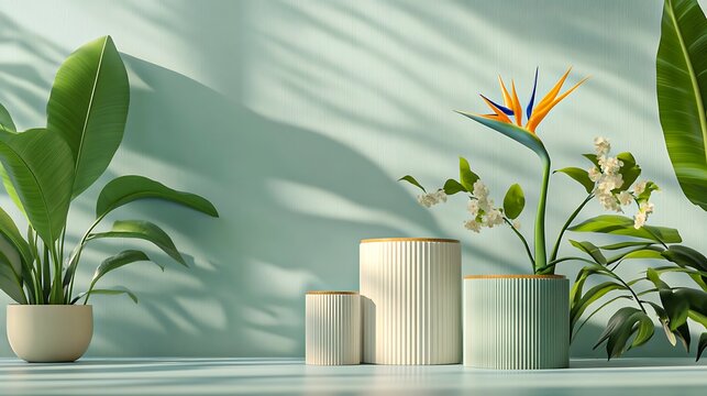 Modern indoor plant arrangement with soft shadows on pastel background

