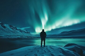 Fototapeta premium Person stands in awe beneath vibrant green aurora above snowy landscape at night, Person standing under green aurora in snowy landscape at night