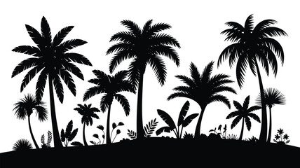 Fototapeta premium Silhouette of a tropical island landscape with various palm trees and foliage