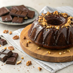 Whole chocolate bundt cake with glossy glaze and chopped nuts on top, presented on a wooden board with chocolate chunks scattered around.