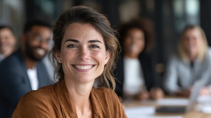 Woman clapping hands in a team meeting with bright expressions