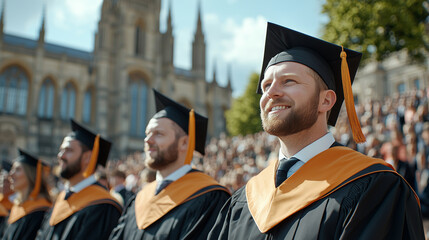 Graduation Ceremony with Students in Caps and Gowns Celebrating Their Achievements Outdoors in a Historic University Setting
