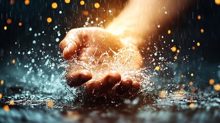Hand Reaching Out to Water with Raindrops and Bokeh Lights Creating a Dreamy and Serene Atmosphere