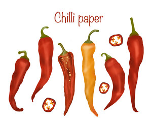 Clip art   style illustration clip art of various red and orange chilli  peppers with seeds. Includes whole and sliced peppers. Perfect for kitchen decor, recipe cards, and spicy food designs