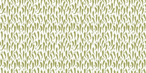 A minimalist pattern featuring various monochrome green chili peppers and sliced peppers, scattered chaotically across a light, clean background. This fresh design offers a modern, organic, and subtle