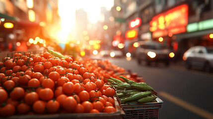 Fresh Tomatoes and Green Peppers at Bustling Market Street During Sunset in Urban City Setting