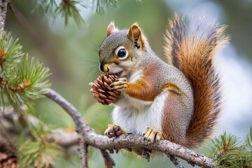 Obraz premium Squirrel enjoys eating a pine cone while perched on a branch in a lush tree, Squirrel eating pine cone on branch in tree