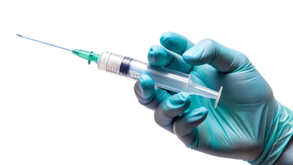 A gloved hand holds a syringe with a needle, prepared for an injection, isolated against a clean white backdrop isolated on transparent background
