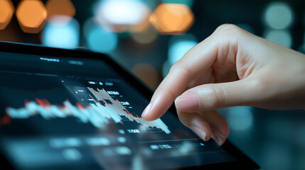 Hand Interacting with Finance Chart on Tablet Screen Showing Stock Market Data and Trends in a Modern Digital Environment