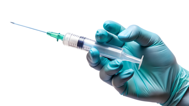 A gloved hand holds a syringe with a needle, prepared for an injection, isolated against a clean white backdrop isolated on transparent background
