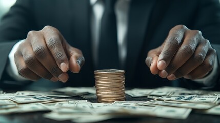 Businessman Hands Strategically Placing Coins Stack Surrounded by Dollar Bills on Dark Wooden Table