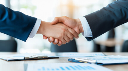 Business Partnership Agreement Shaking Hands During Meeting with Financial Documents on a Table in Office Setting