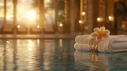 Serene Spa Environment with Rolled Towels and Frangipani Flower Near Tranquil Swimming Pool at Sunset