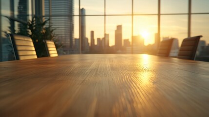 Wooden Table with City Skyline at Sunrise Viewed Through Large Windows in Modern Office Setting