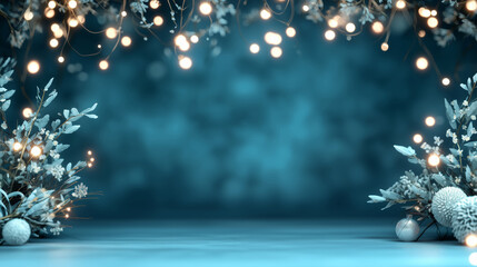 Elegant Winter Background with Fairy Lights and Floral Decor for Holiday Templates and Invitations
