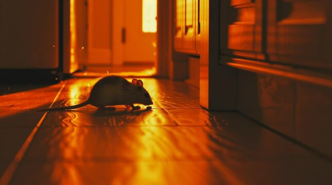 A mouse scurries across a kitchen floor, low angle, dark, silhouetted rodent or pest video - pest control concept with orange and red tone low angle video perspective