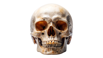 A human skull with detailed bone structure represents mortality isolated on transparent background