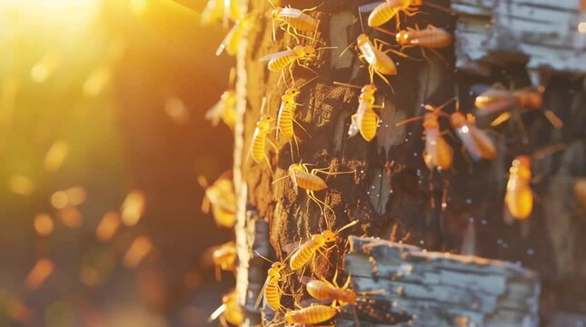 termites swarm on a wooden surface - close up view of termite damage, golden tones, soft focus, wood destroying insects, 
