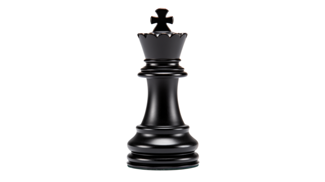 Black chess king piece isolated on transparent background symbolizes strategy and power.