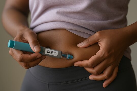 Young Black woman self-injects GLP-1 treatment into her belly using an injector pen labeled semaglutide for weight loss.