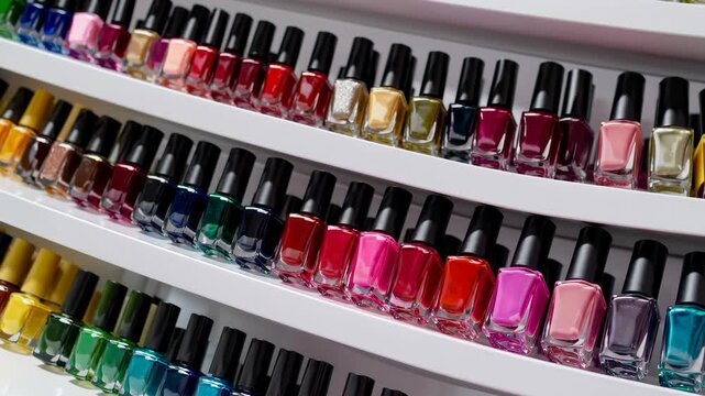 Multiple rows of vibrant nail polish bottles showcasing various colors from yellow to pink, organized neatly on white display shelves in beauty salon environment