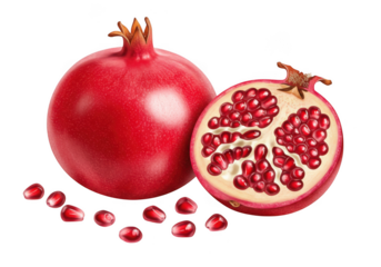 Whole and halved pomegranate with scattered seeds isolated on transparent background