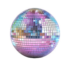 A shimmering disco ball with colorful mirrored squares reflecting light isolated on transparent background