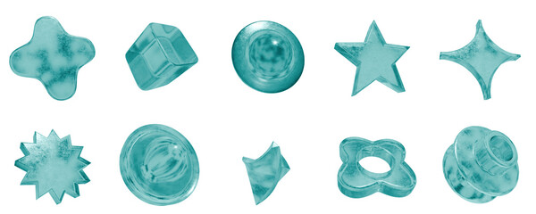 Set of 3d objects blue frosted ice isolated on a transparent background. Object index from 31 to 40. Transparent frosted glass morphism icon. 3d abstract elements for graphic design.