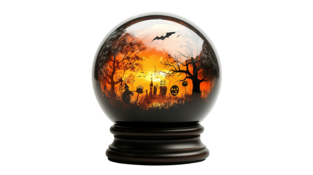 Decorative Halloween globe lamp with spooky scenes inside background isolated on a Transparent background, PNG file.